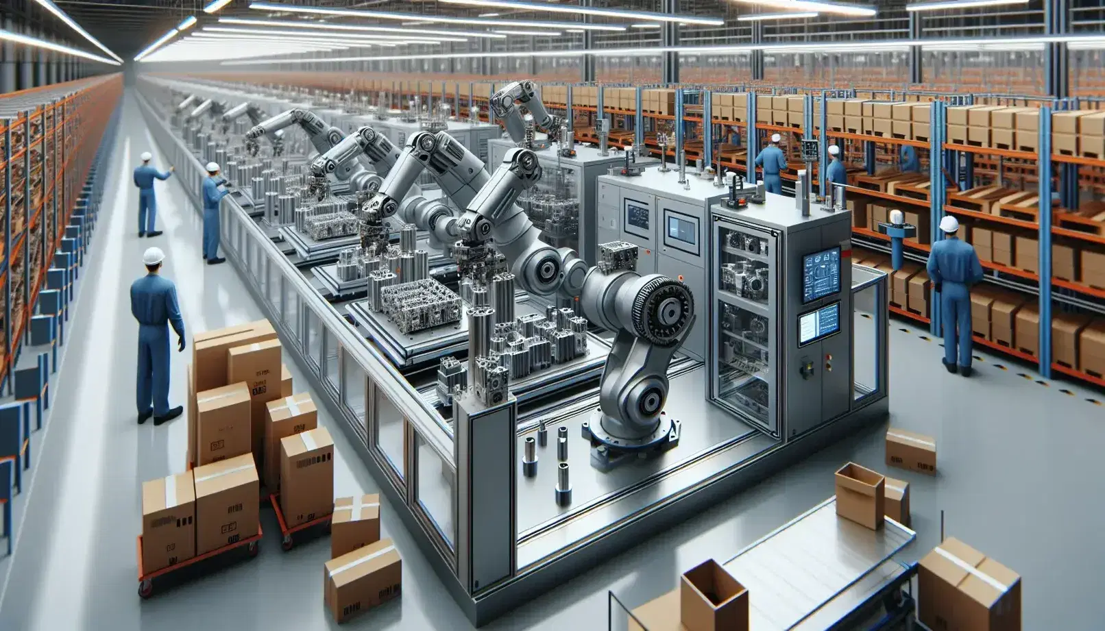 Planta industrial con línea de ensamblaje automatizada y brazos robóticos manipulando piezas metálicas, trabajadores en uniforme y estanterías con cajas.
