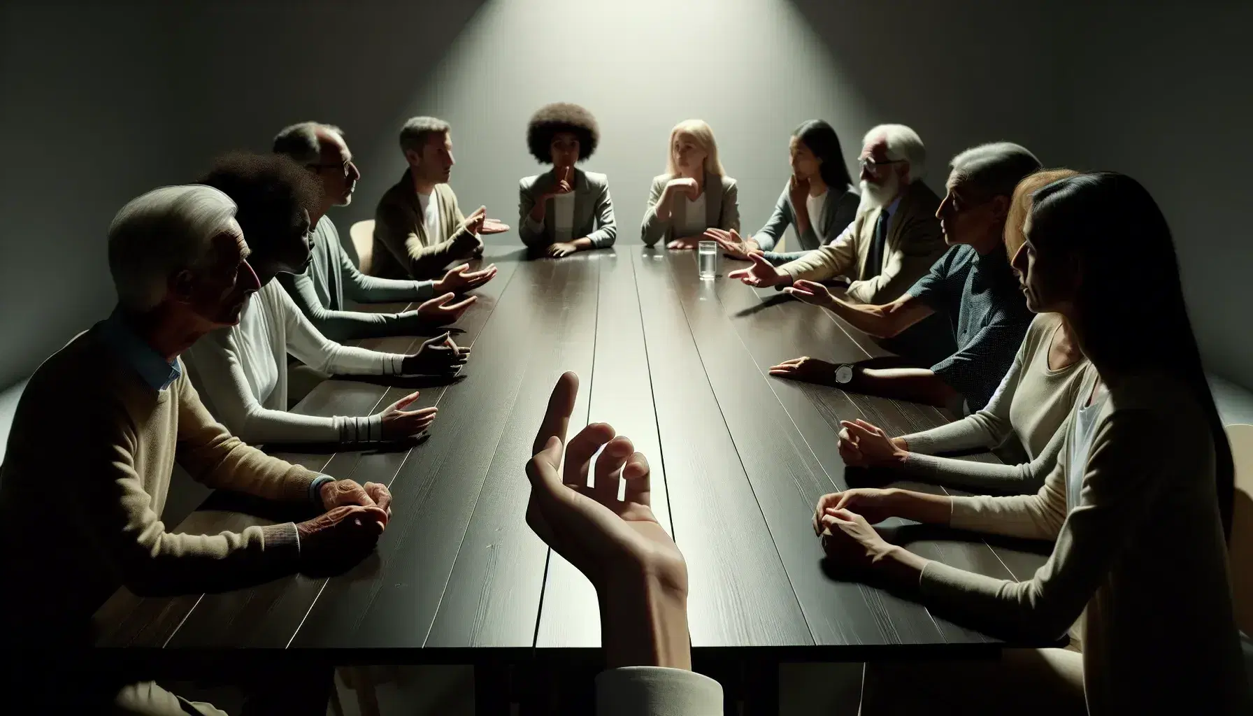 Grupo diverso de personas en animada discusión alrededor de una mesa de madera, gestos de diálogo en una sala iluminada y minimalista.