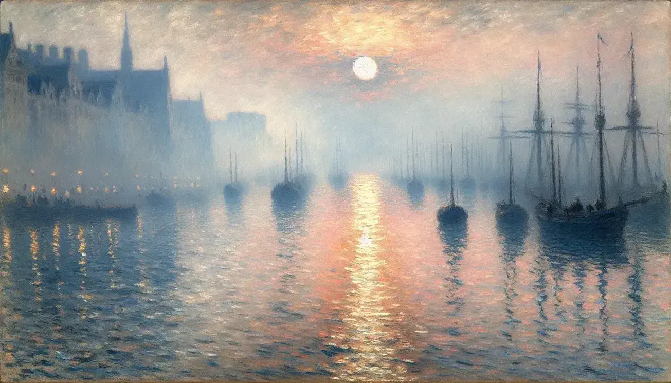 Dipinto in stile impressionista che raffigura un'alba marina con sole arancione riflesso sull'acqua, circondato da barche sfocate e tonalità pastello.