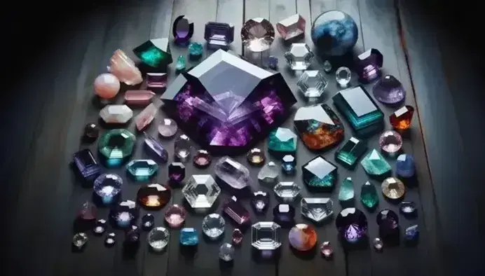 Collezione di pietre preziose e semipreziose su tavolo scuro, con amethyst viola, topazio azzurro, smeraldo verde, rubino rosso e quarzi trasparenti.