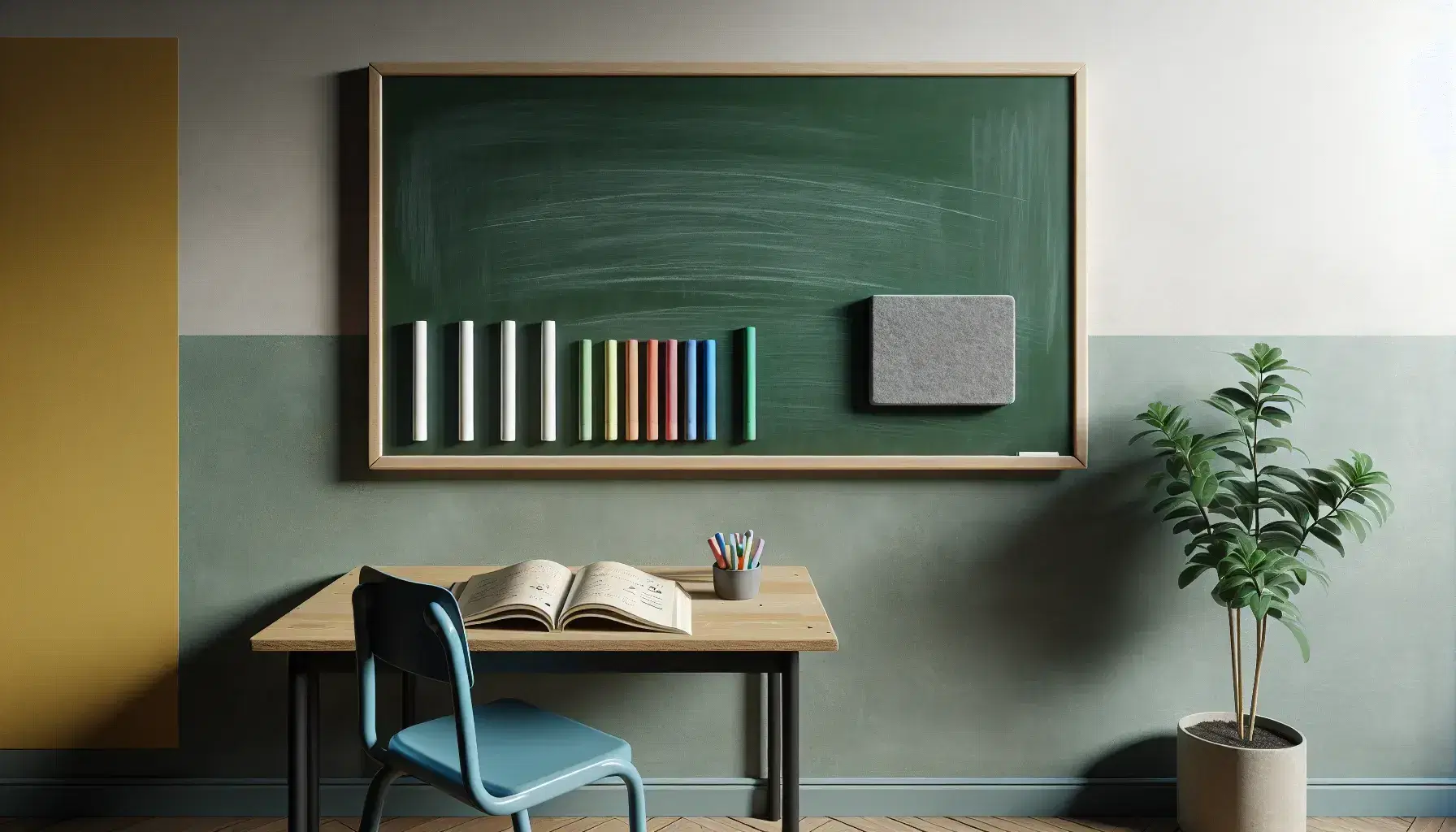 Pizarra verde oscura lisa en pared clara con estante de madera y tizas de colores, borrador gris usado, mesa con libro abierto y silla escolar azul, planta verde en maceta terracota.