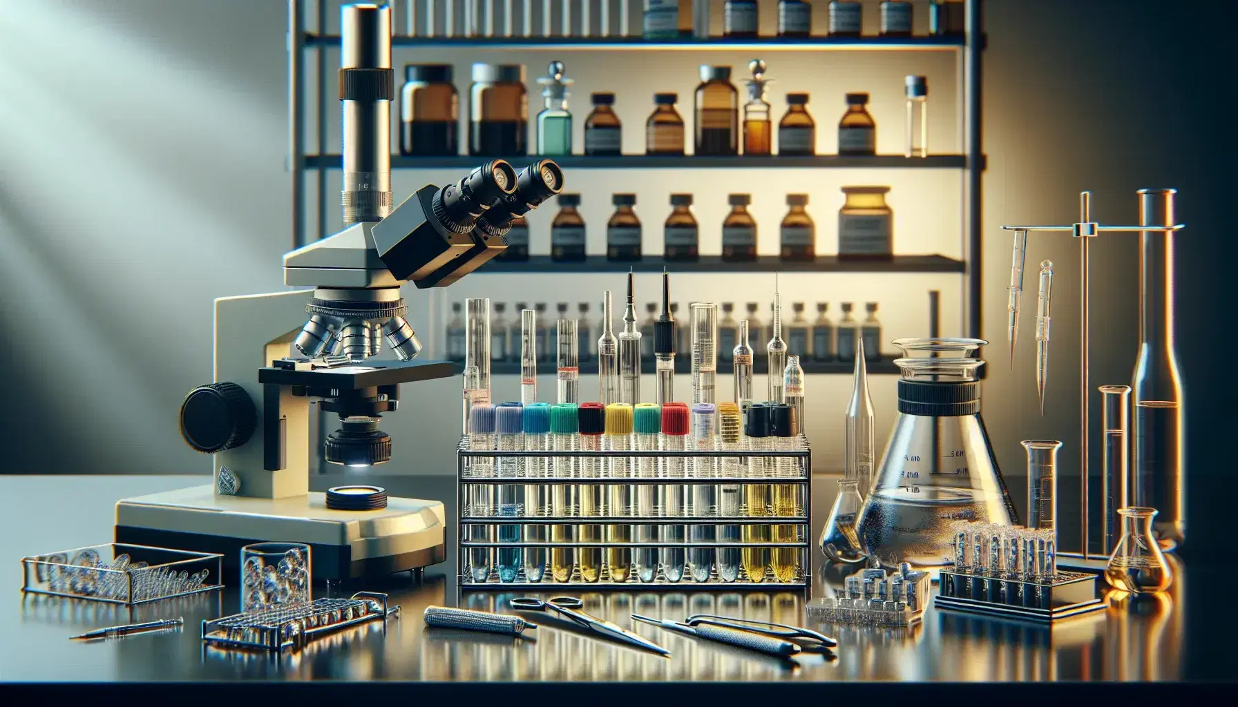 Microscopio negro y plateado en laboratorio clínico con tubos de ensayo de tonos amarillos, pipetas de vidrio y bandeja con instrumentos médicos.