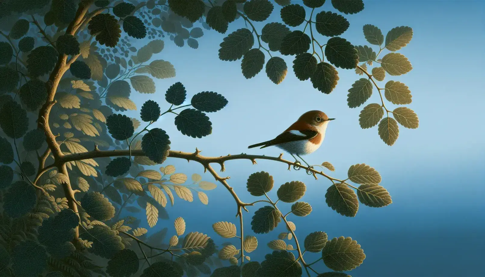 Serene natural scene with a small bird, reddish-brown back and spotted chest, perched on a branch against a clear blue sky with soft golden light.