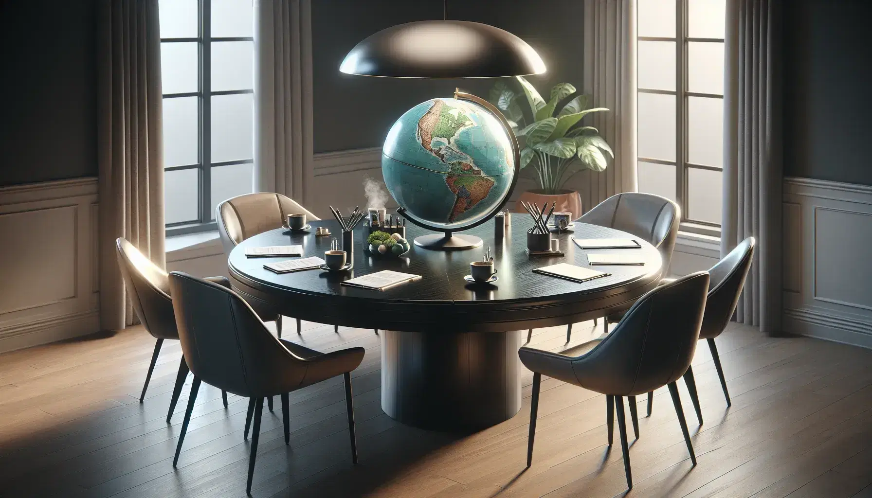 Mesa redonda de madera oscura con seis sillas modernas grises, globo terráqueo decorativo, tazas de café y documentos en una sala iluminada con planta de interior.