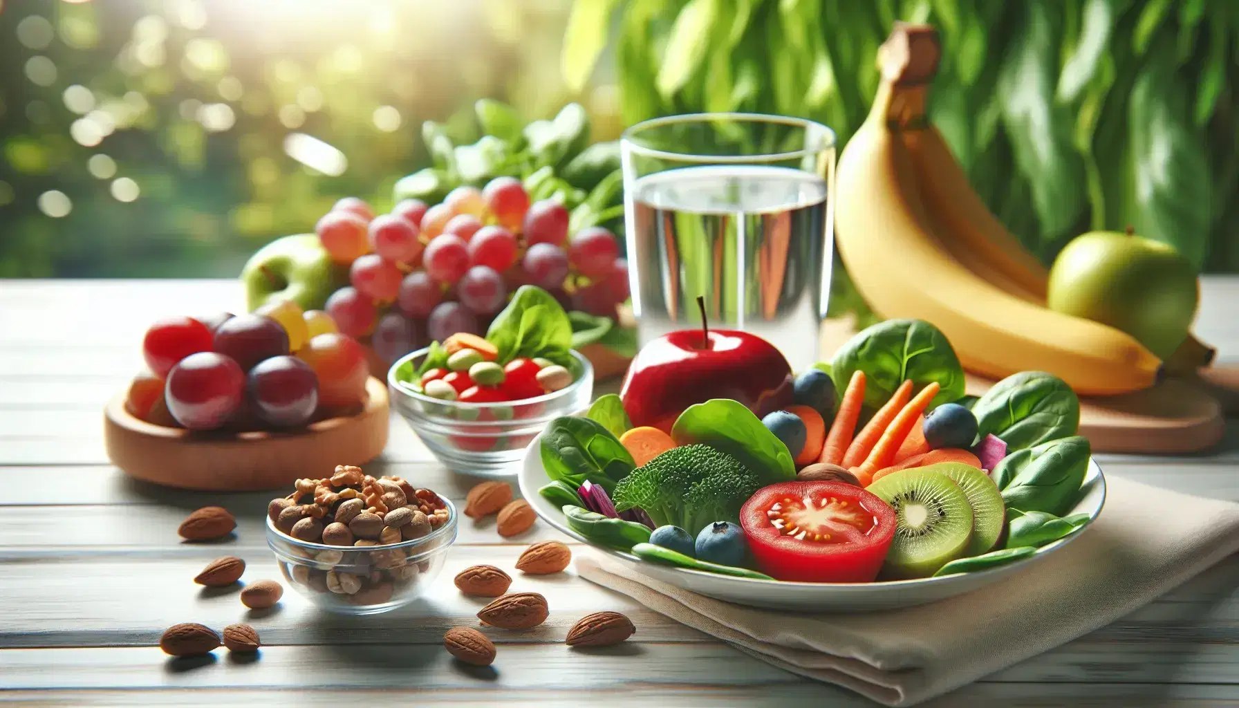Plato de ensalada fresca con espinacas, tomates y zanahorias, rodeado de uvas moradas, manzana roja, banana madura y nueces sobre superficie de madera y vaso de agua.
