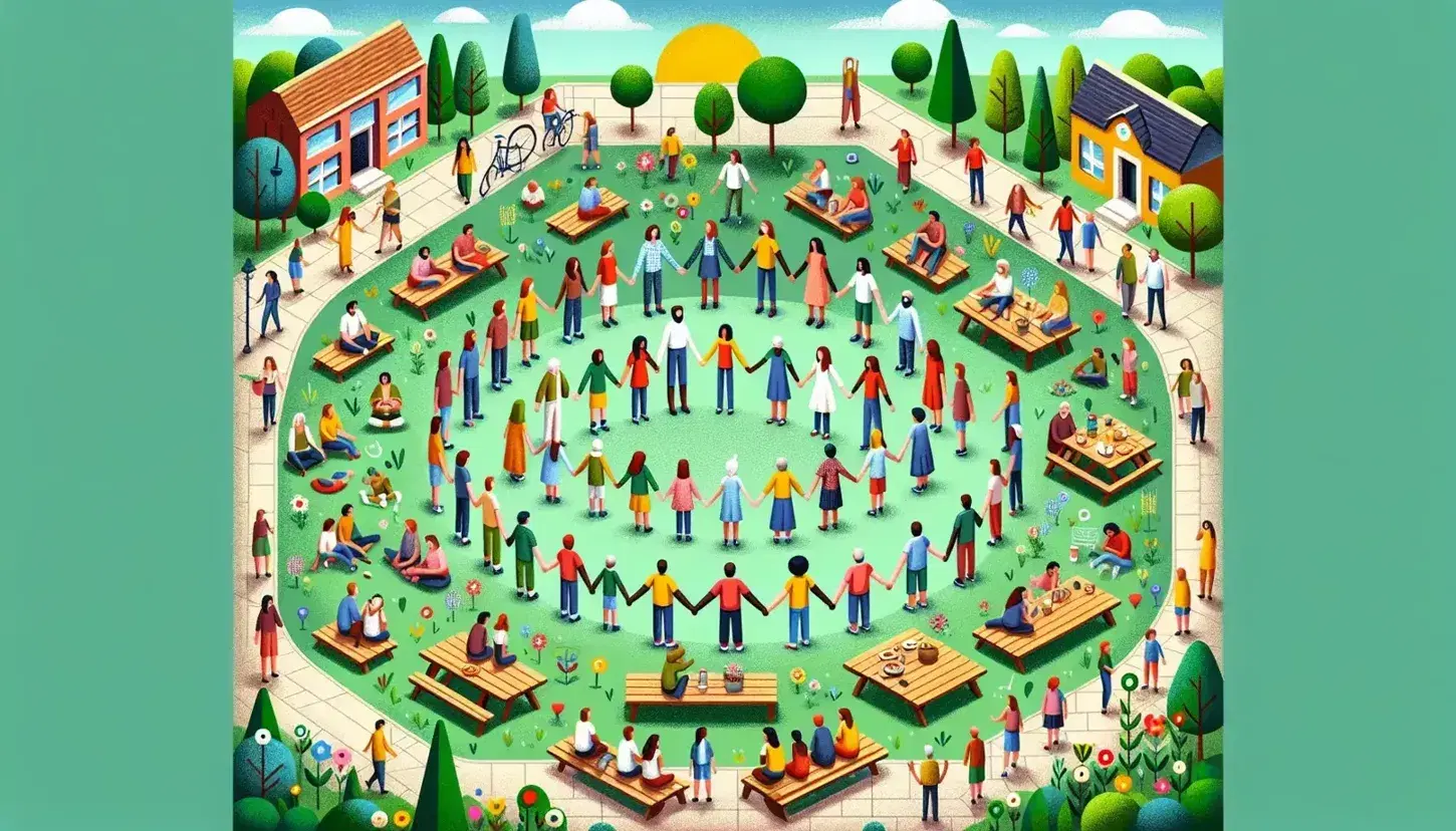 Grupo diverso unido de personas de distintas edades y etnias en un parque, con niños jugando y gente conversando en un día soleado.