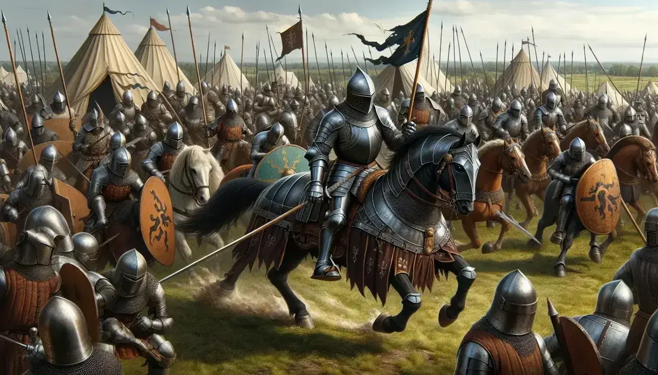 Cavaliere in armatura scintillante su cavallo marrone scuro in battaglia medievale, con guerrieri armati e tende da campo sullo sfondo.