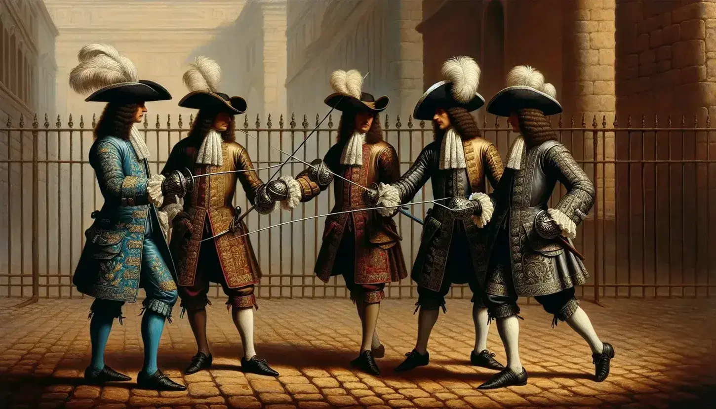 Seventeenth-century French musketeers in ornate attire, wielding rapiers in a dynamic pose on a cobblestone street, under a clear blue sky.
