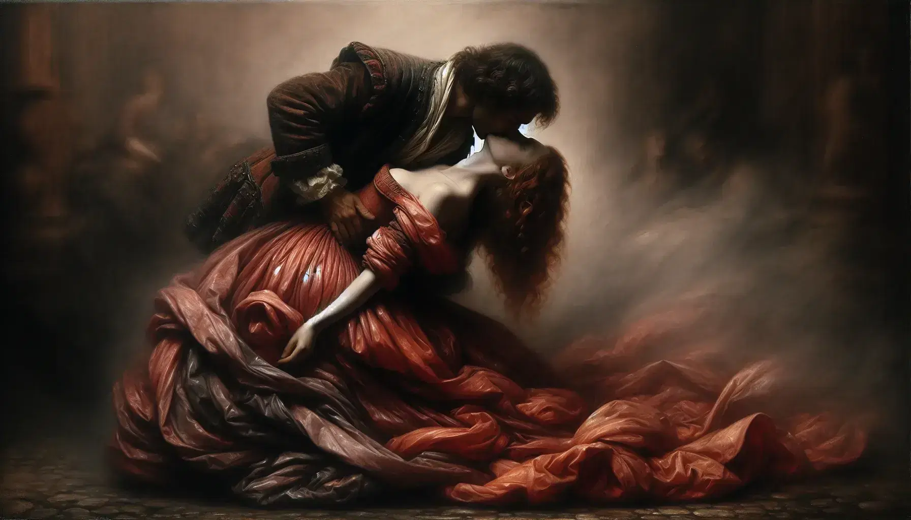 Riproduzione fotografica del dipinto 'Il Bacio' di Francesco Hayez con due figure in abiti storici avvinghiate in un appassionato bacio.