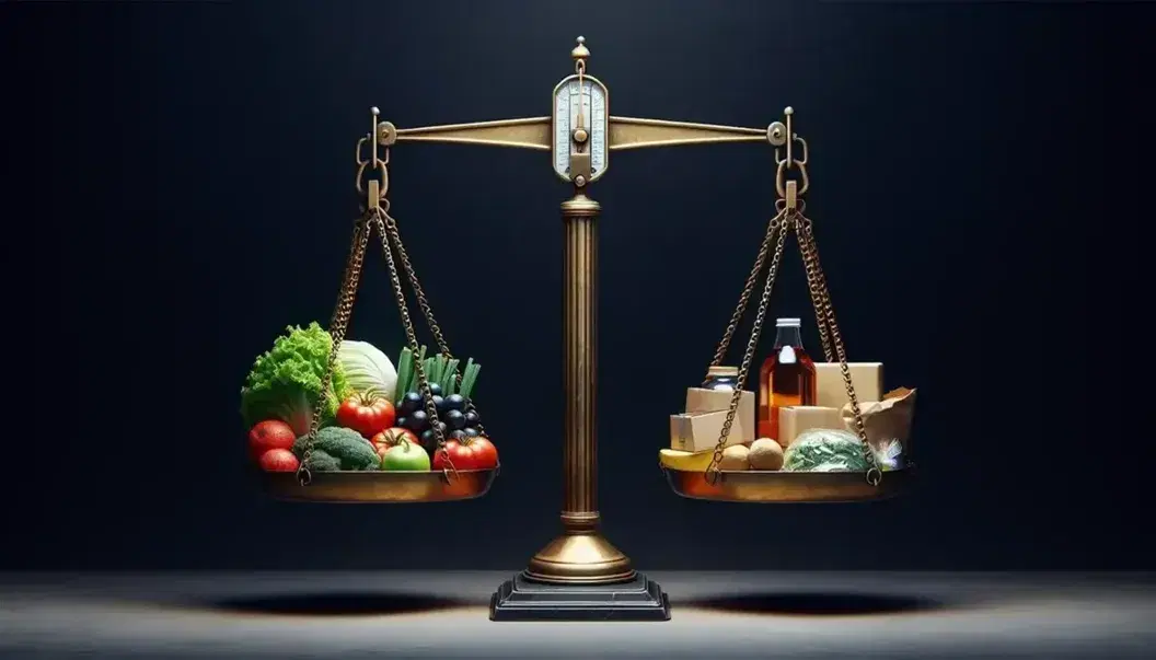 Balanza tradicional de dos platos equilibrada con frutas y verduras frescas en un lado y productos envasados en el otro, sobre superficie oscura.