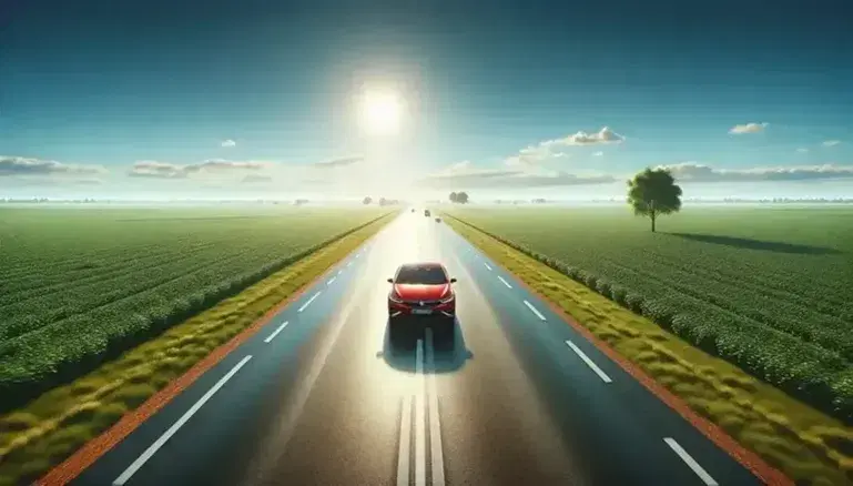 Strada rettilinea con auto rossa in movimento verso l'osservatore, campi verdi ai lati e cielo azzurro con nuvole sparse.
