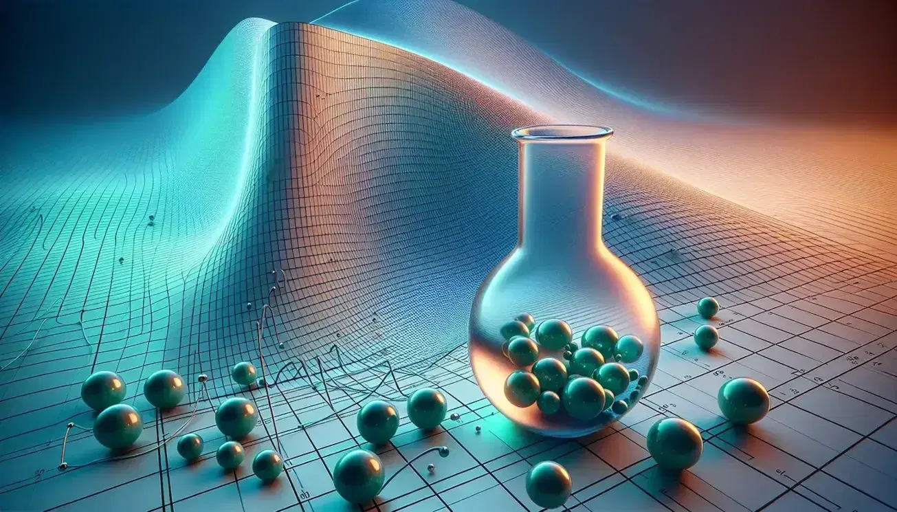 Three-dimensional graph with a smooth, gradient surface and scattered red-orange spheres, alongside a glass flask with blue-tinted liquid on a grid background.