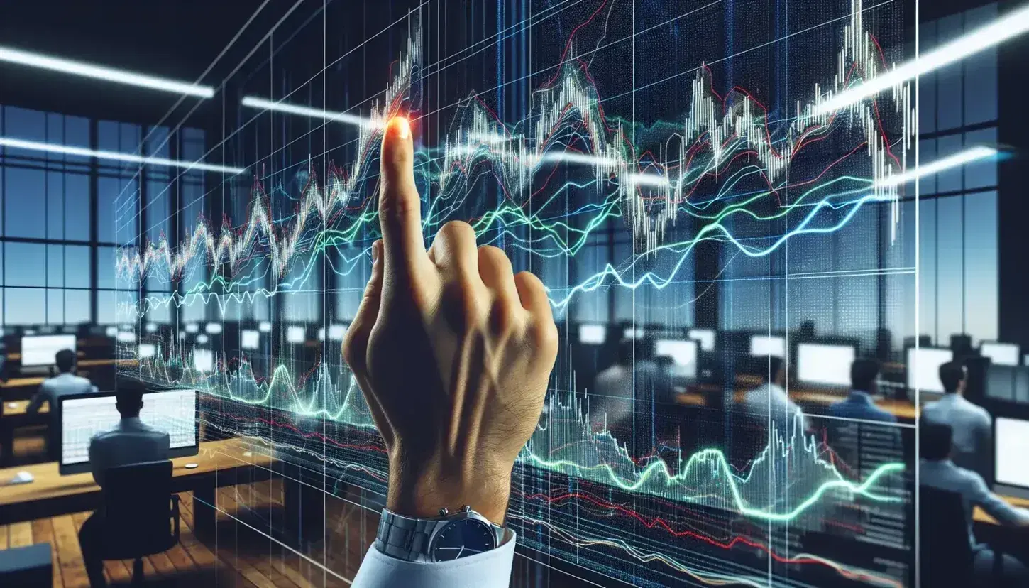 Grafici finanziari colorati su schermo trasparente con mano che indica, in sfondo sfocato sala trading con operatori.