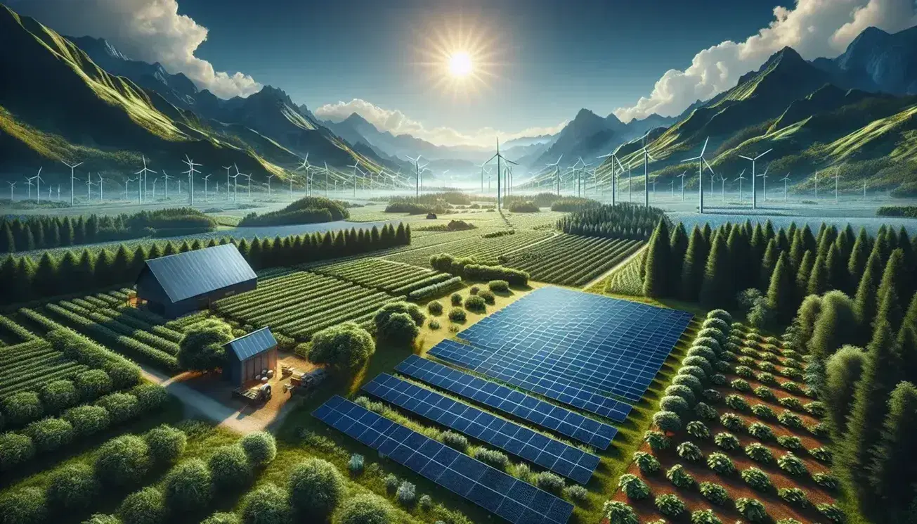 Paneles solares y molino de viento en paisaje natural con cultivos, huerto y montañas nevadas bajo cielo azul claro.