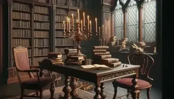 Biblioteca antigua con mesa de madera oscura y candelabro de bronce, sillas de terciopelo rojo, estanterías llenas de libros y alfombras persas.