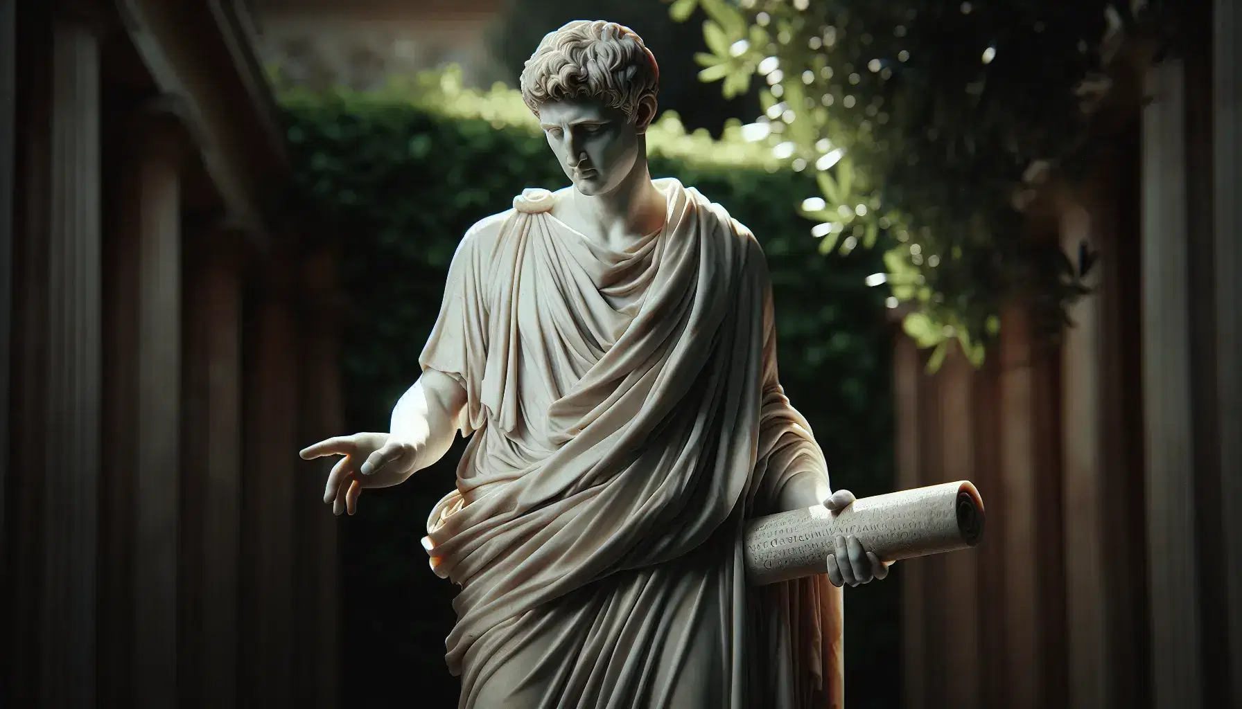 Estatua de mármol blanco de hombre pensativo con túnica, sosteniendo papiro y mano extendida, en jardín borroso iluminado naturalmente.
