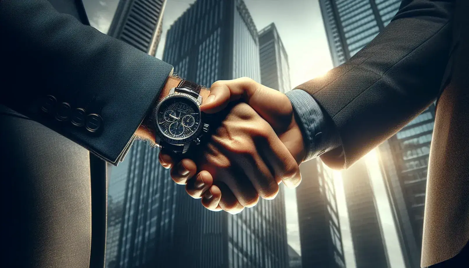 Apretón de manos entre dos profesionales con traje y reloj de pulsera ante fondo urbano desenfocado, simbolizando acuerdo o colaboración.
