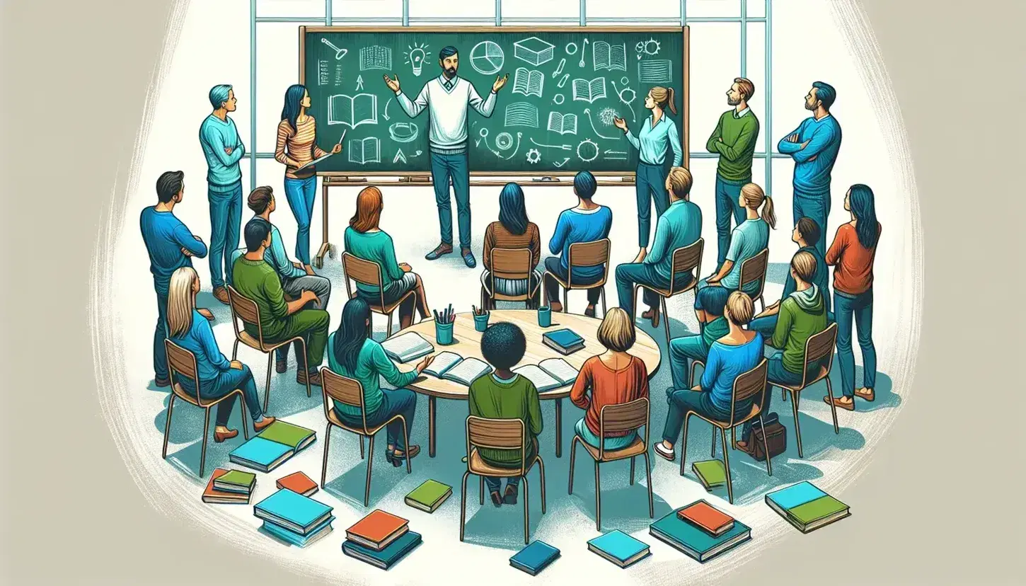 Diverse group attentively listening to a speaker gesturing in front of a blank chalkboard, with open books and pens on a table nearby.