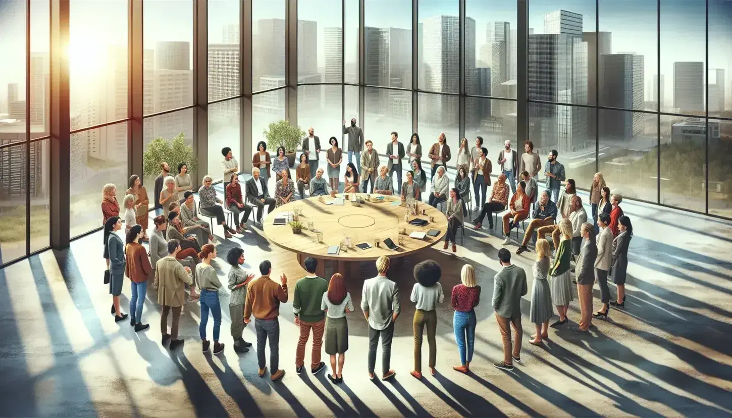 Grupo diverso de personas en reunión alrededor de una mesa redonda en una sala con amplia ventana y vista urbana.