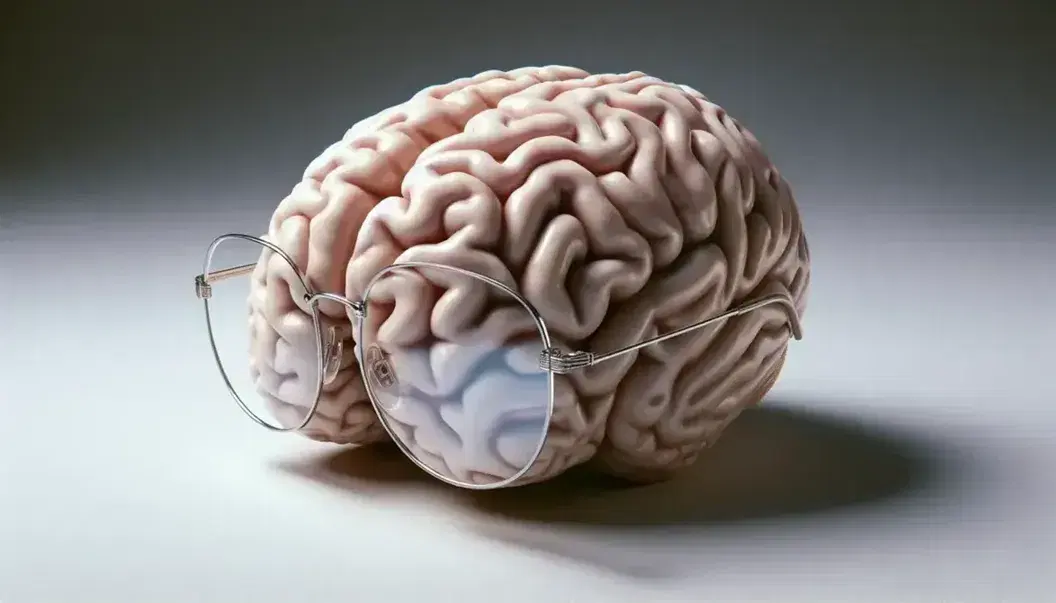 Modelo anatómico detallado de un cerebro humano con gafas metálicas al frente sobre fondo neutro, destacando las texturas realistas de los hemisferios cerebrales.