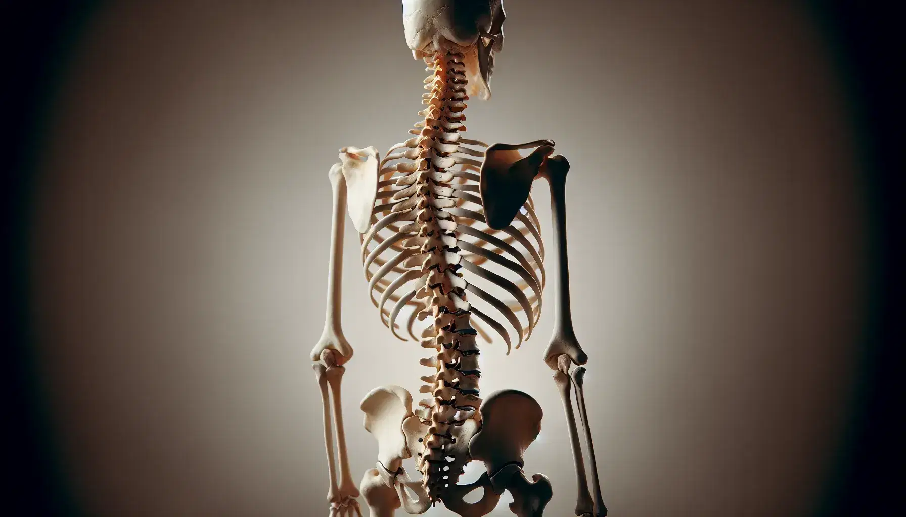 Esqueleto humano de espaldas mostrando la columna vertebral con sus regiones cervical, torácica, lumbar, sacra y coccígea, destacando las curvaturas naturales y los discos intervertebrales.