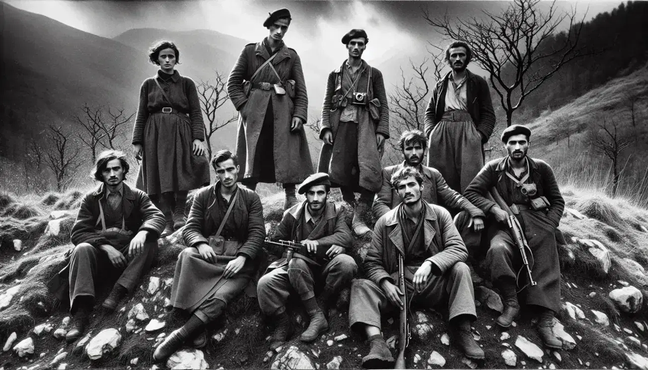 Gruppo di partigiani italiani in posa su terreno roccioso, armati e determinati, in foto bianco e nero evocativa della Resistenza.