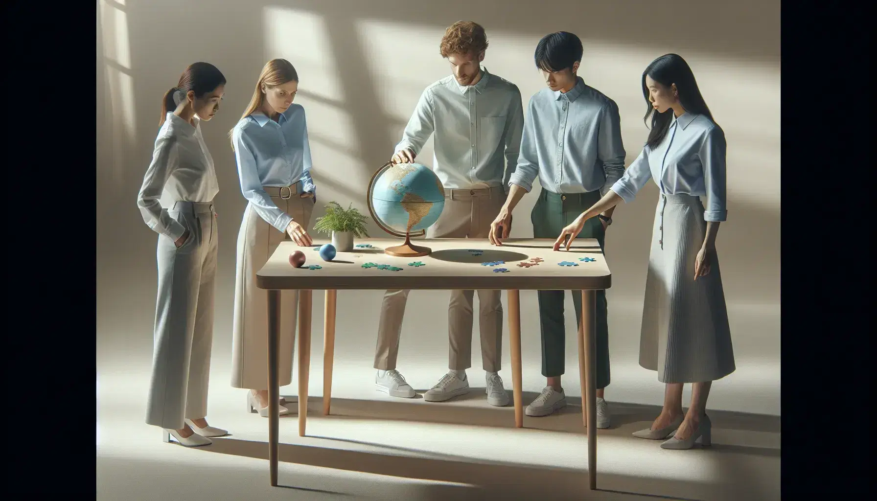 Grupo de cinco profesionales colaborando en una mesa con un globo terráqueo, piezas de rompecabezas y una planta, en un ambiente de trabajo en equipo.