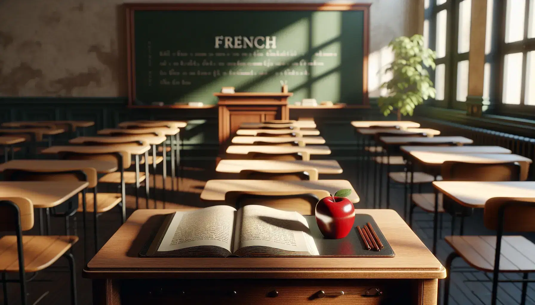 Serene French classroom with a teacher's desk, open book, red apple, clean chalkboard, and rows of empty student desks in natural light.