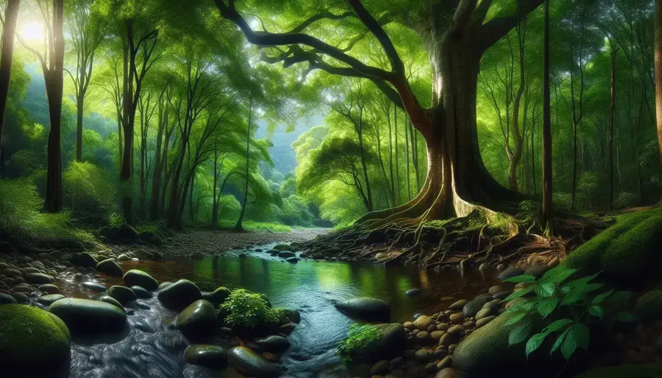 Lush green forest with various trees, serene stream, intertwined roots and blue sky with thin clouds.