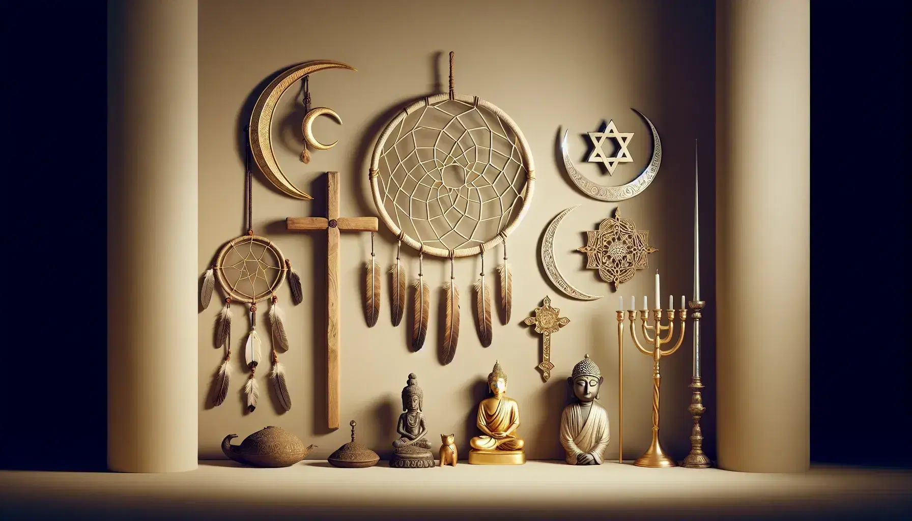 Diverse religious symbols arranged in a semi-circle, including a dreamcatcher, menorah, Buddha statue, Christian cross, Islamic crescent and star, Sikh khanda, and a clay pot.