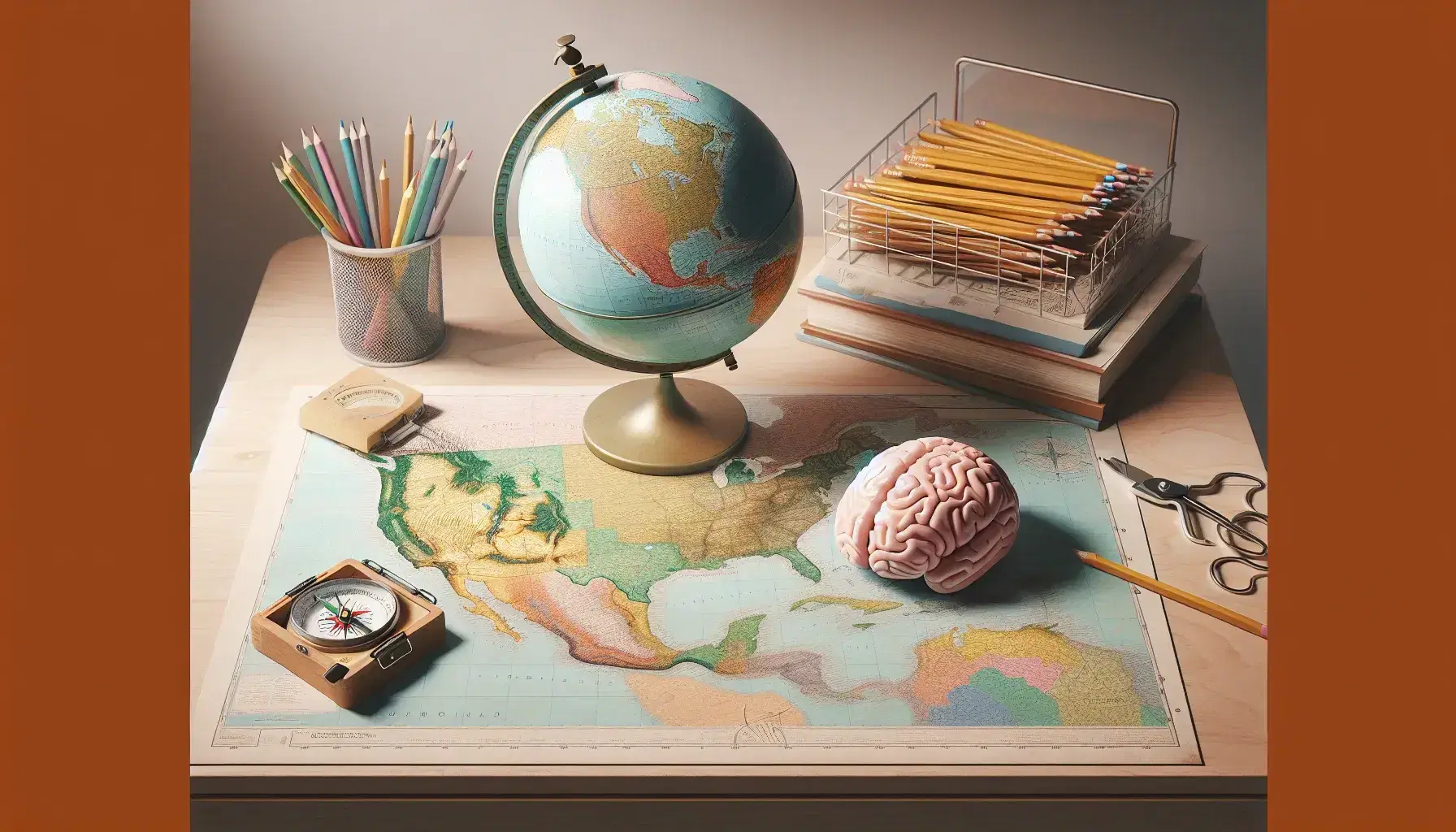 Mappa geografica colorata su scrivania in legno chiaro con bussola, mappamondo e modello 3D cervello umano, matite colorate sparse.