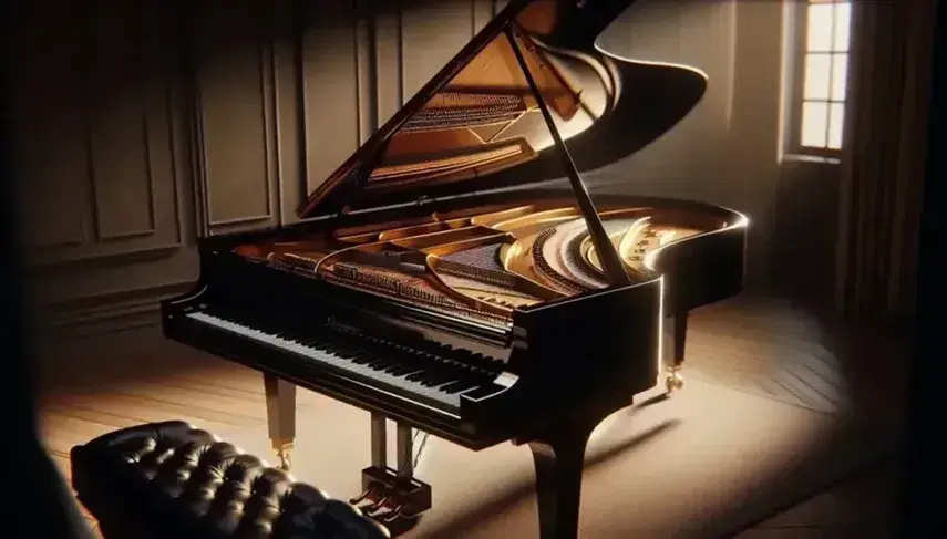 Piano de cola clásico con tapa abierta mostrando cuerdas y mecanismo, teclado visible en primer plano, en habitación con iluminación cálida y decoración minimalista.