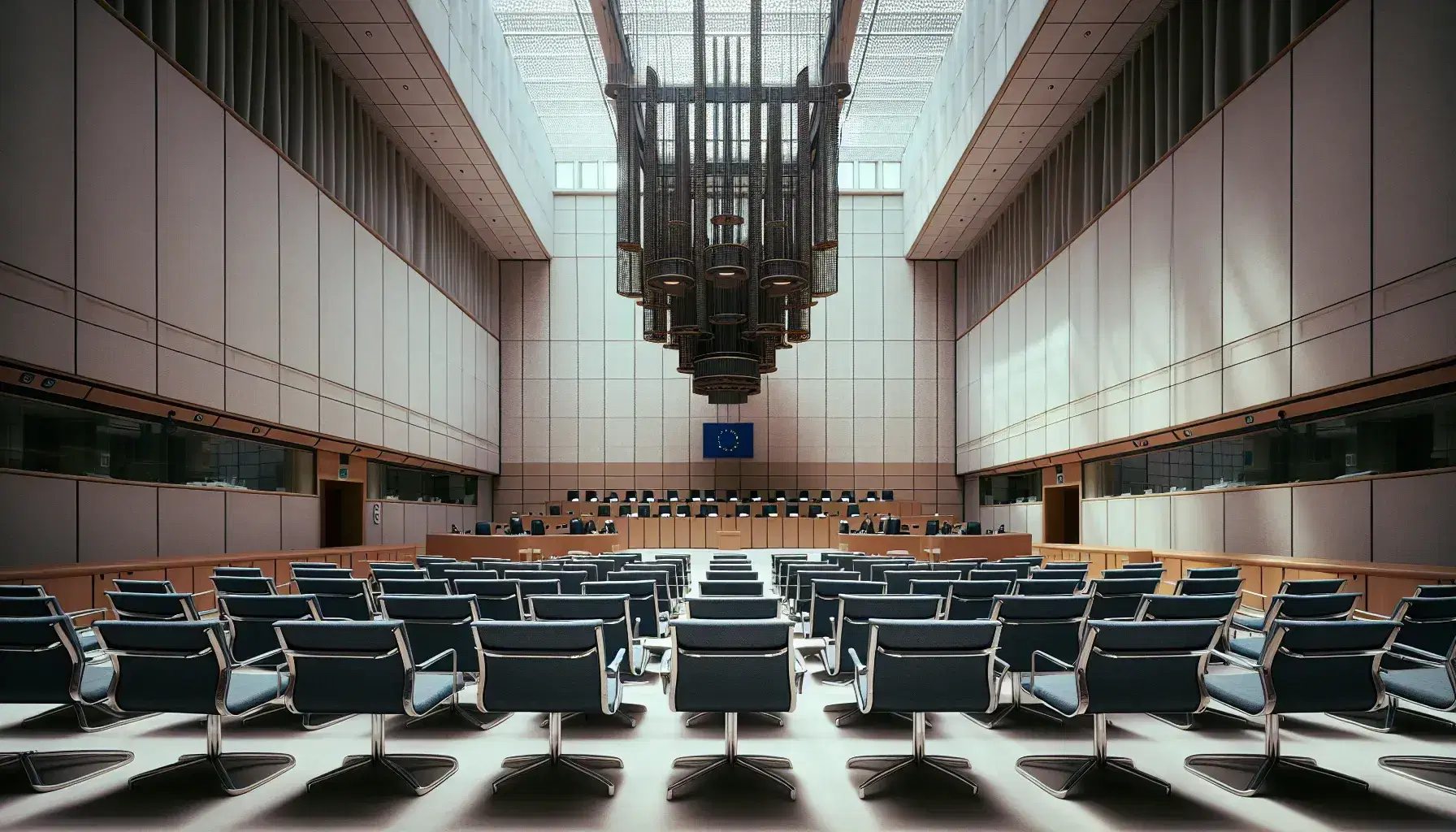 Sala vuota della Corte di Giustizia dell'Unione Europea con sedie blu in primo piano e banco dei giudici in legno scuro sullo sfondo, bandiera UE a destra.