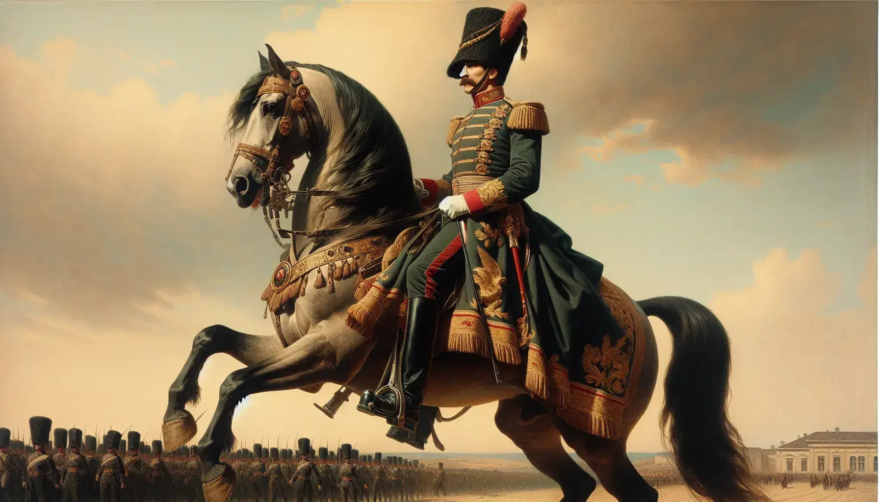 Uomo in uniforme militare del XIX secolo su cavallo impennato, con cappotto verde scuro e bicorno nero, su sfondo di campo di battaglia.