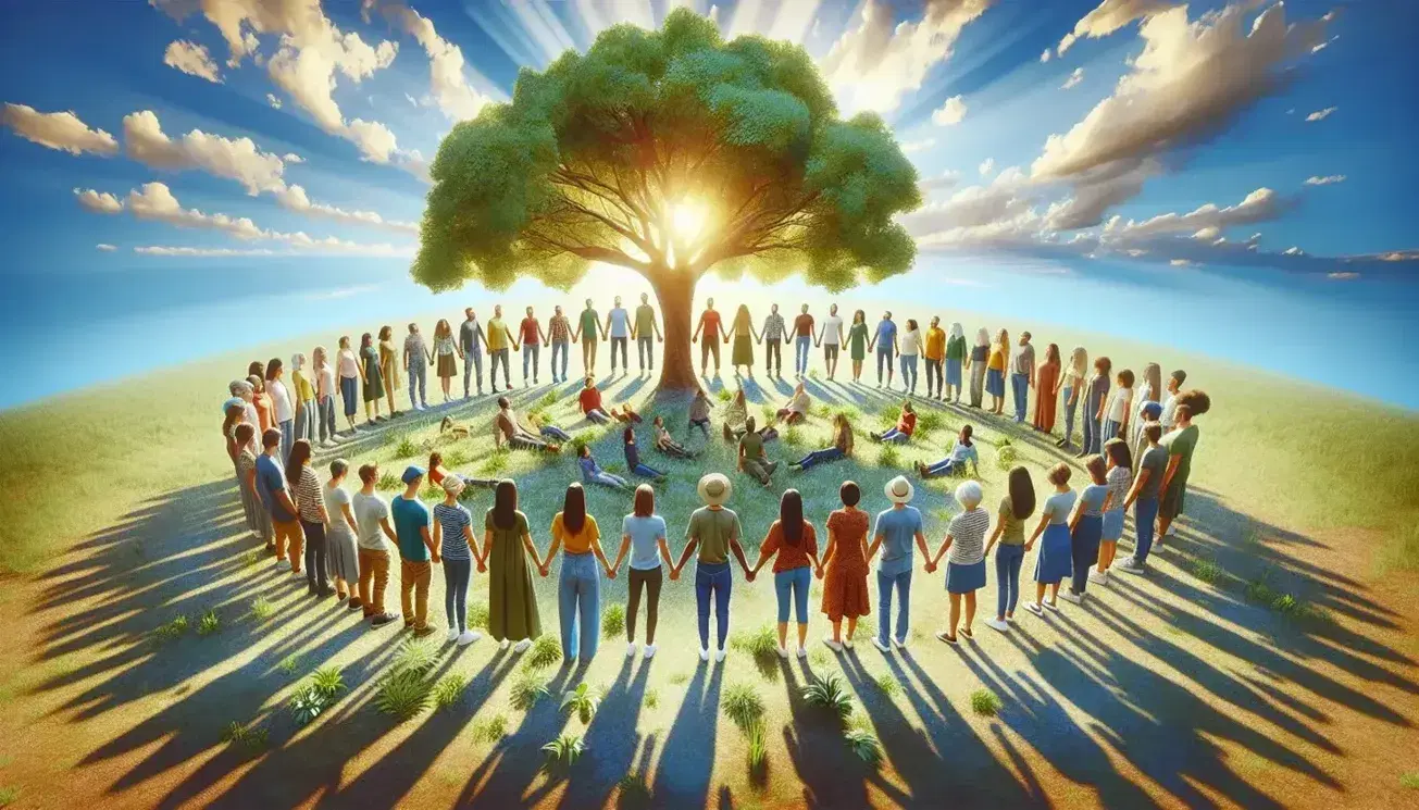 Grupo diverso de personas tomadas de las manos en círculo al aire libre bajo un árbol frondoso, con cielo azul y nubes dispersas de fondo.