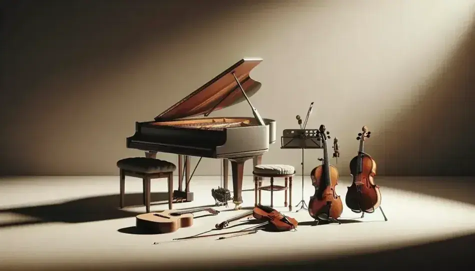 Colección de instrumentos musicales con piano de cola, guitarra clásica y violín con arco en fondo neutro, iluminación suave que resalta texturas y colores cálidos.
