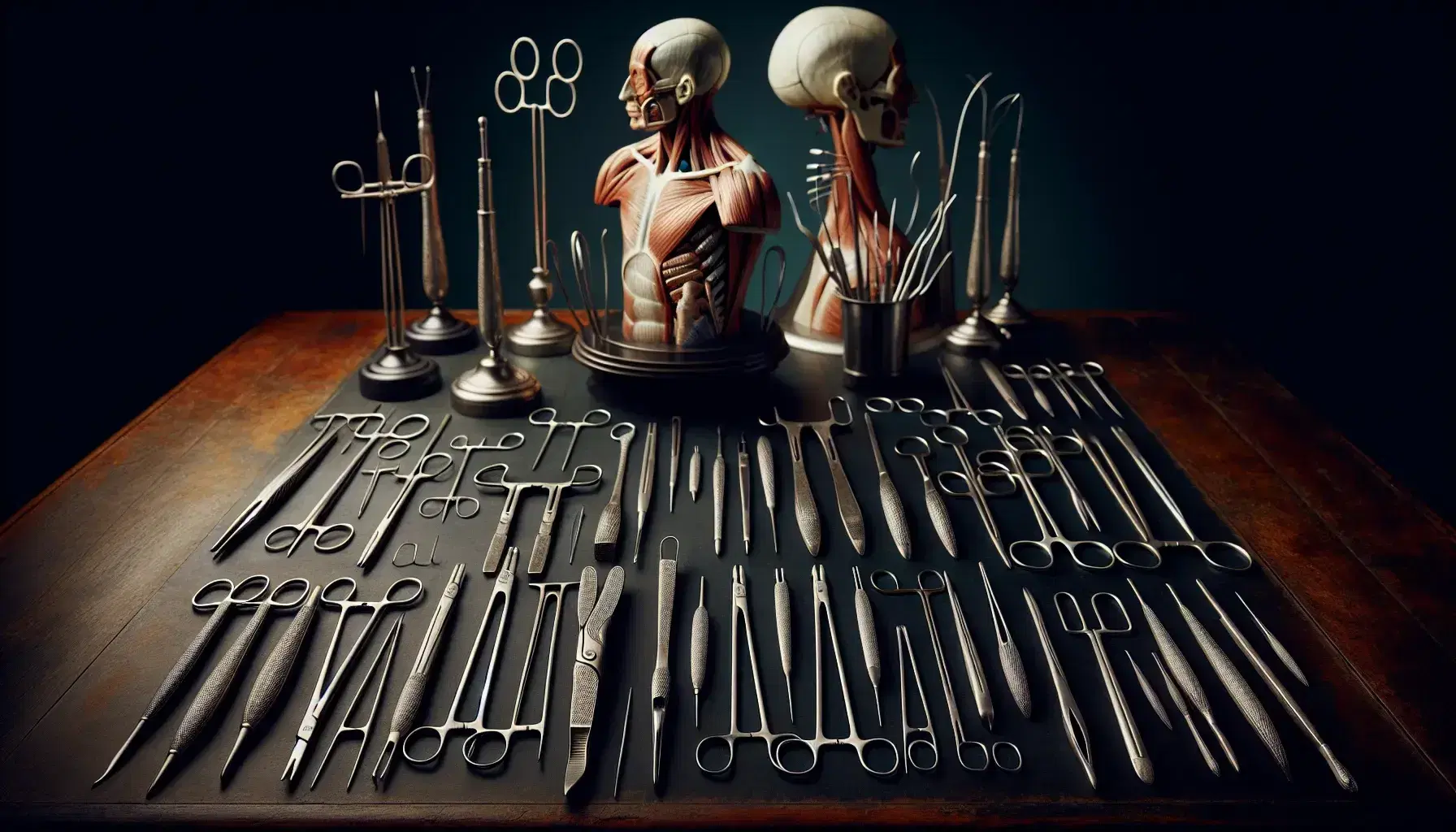 Antique 18th-century surgical instruments on a dark wooden table, with a detailed human anatomical model in the background.