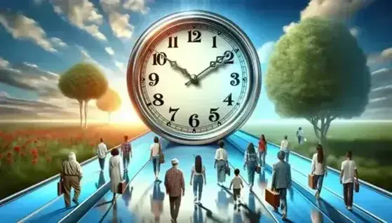 Orologio analogico grande con cornice metallica e quadrante bianco segna le 3:00, persone in cammino su sentiero, cielo azzurro, albero e valigia aperta.
