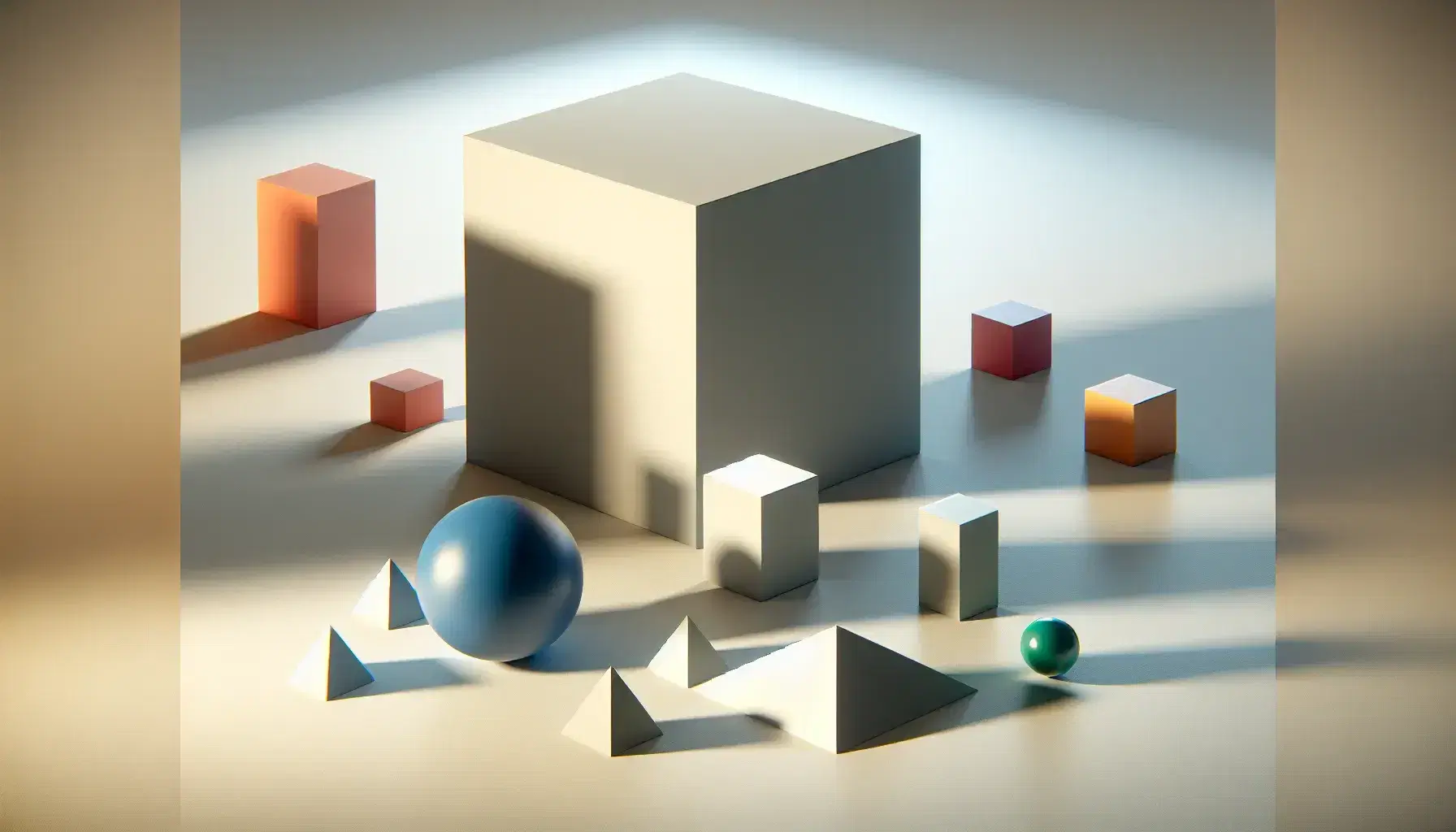 Blocchi geometrici 3D su superficie bianca con cubo grigio, sfera blu, cilindro rosso, cono verde e piramide gialla, ombre proiettate.