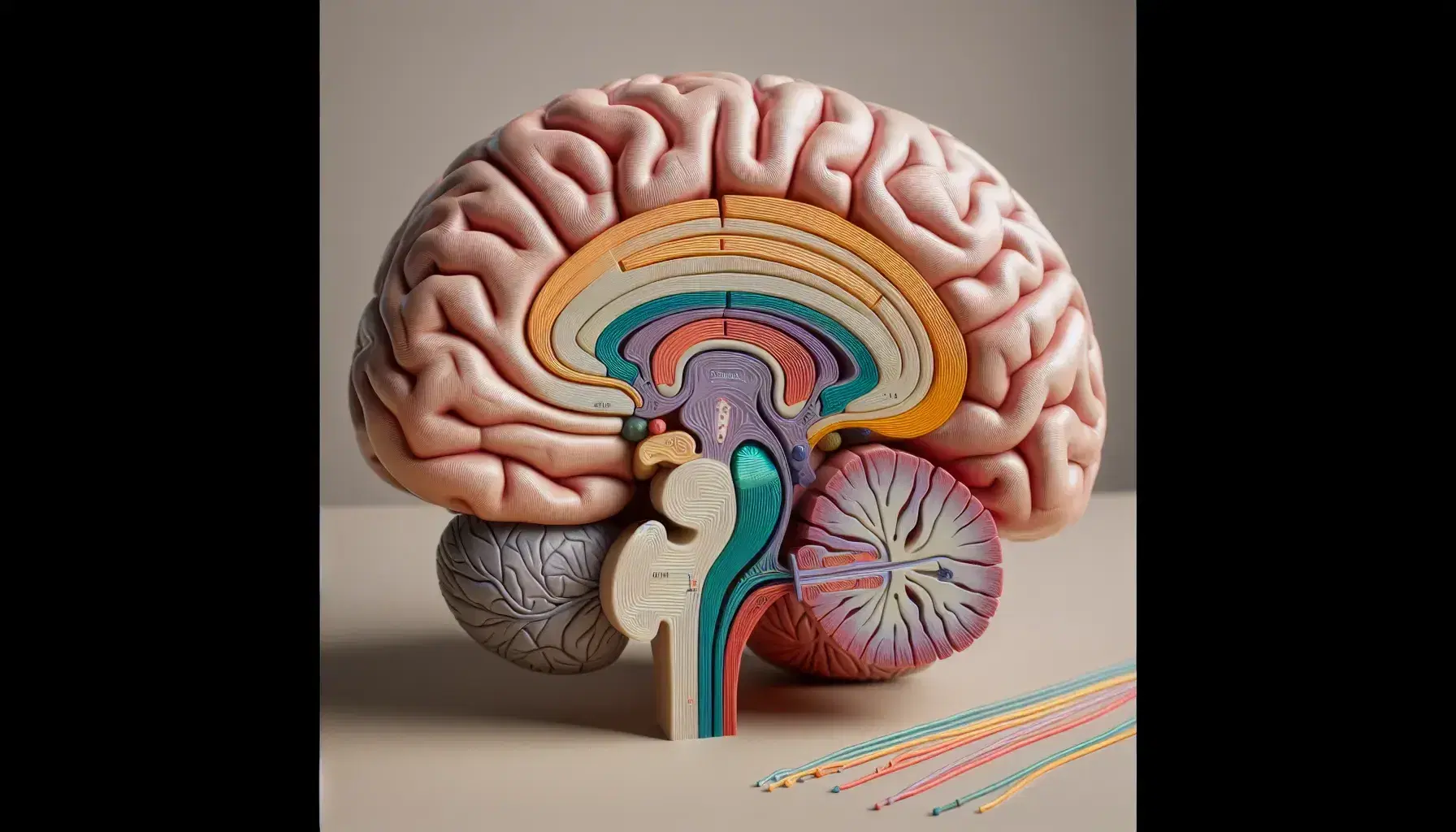 Modelo anatómico detallado del cerebro humano en sección transversal mostrando estructuras internas en colores diferenciados y nervios craneales.
