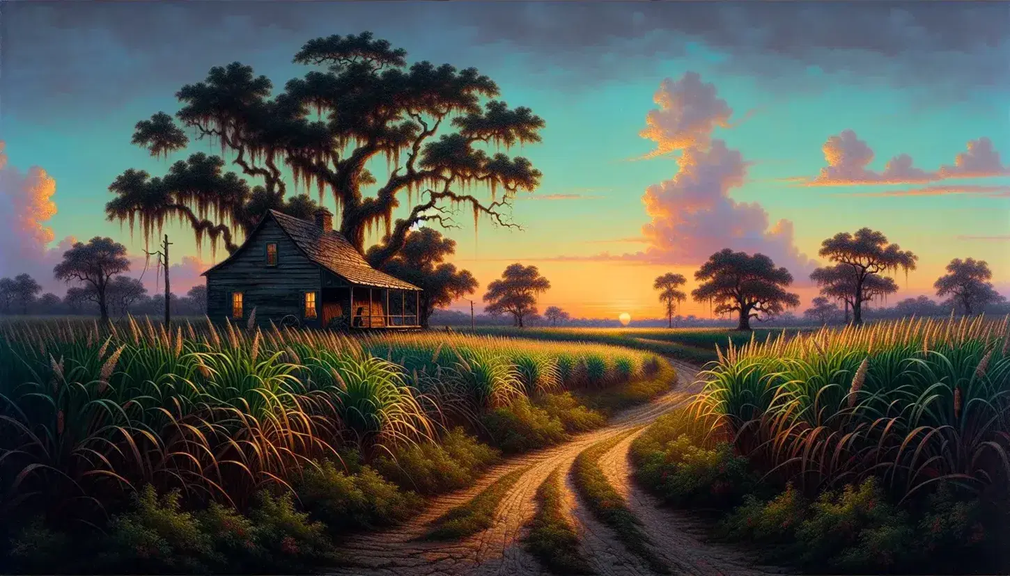 Twilight descends on a rural Southern landscape with a dirt road leading to a weathered cabin, flanked by tall sugarcane and a grand oak tree.