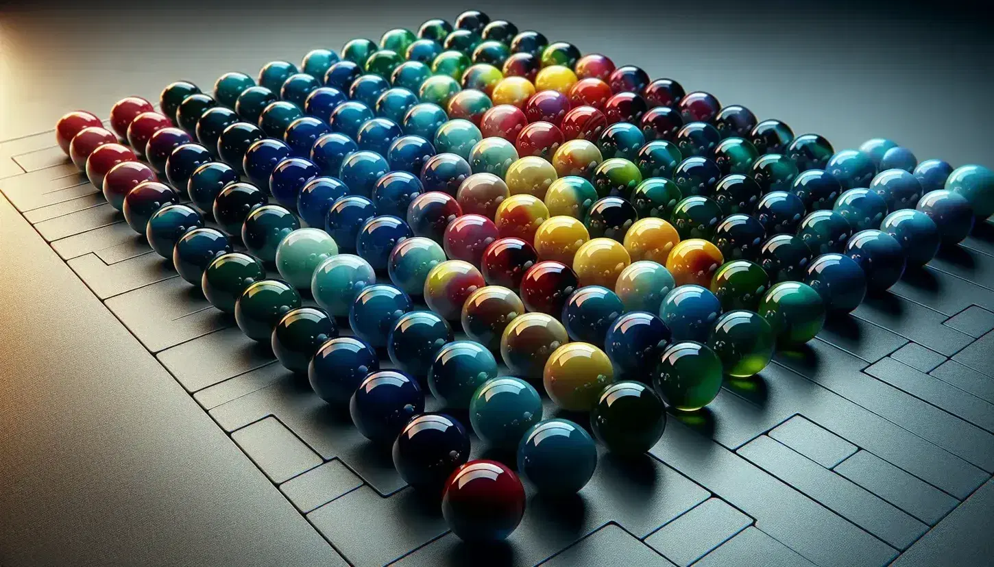 Colorful marbles arranged in a grid pattern transitioning from blue to red on a matte surface, reflecting soft light with gentle shadows.