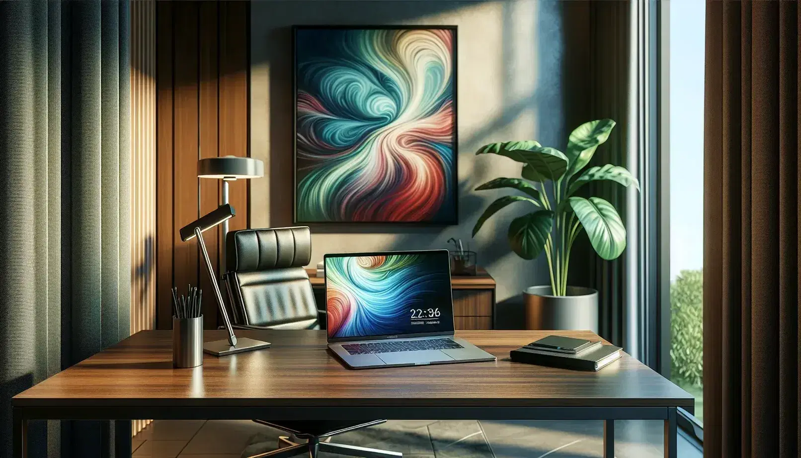 Tidy office with wooden desk, turned on modern laptop, green plant, black leather chair and colorful abstract painting.