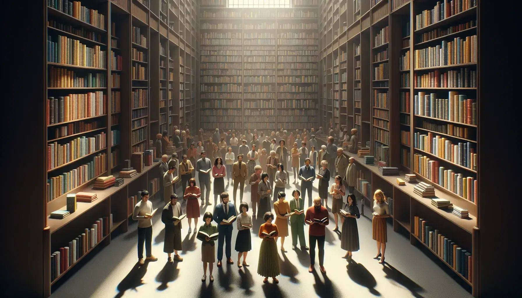 Diverse group of people engaging with books and each other in a warmly lit library, surrounded by tall, dark wooden bookshelves.