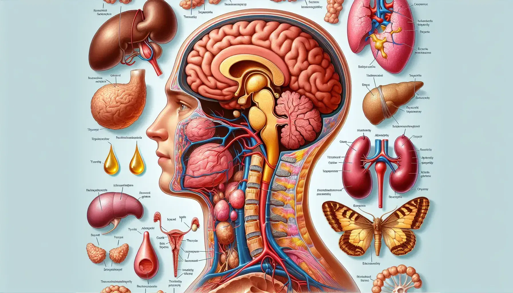 Representación anatómica colorida del sistema neuroendocrino humano, mostrando cerebro, hipotálamo, glándula pituitaria, tiroides, glándulas suprarrenales y órganos reproductivos.