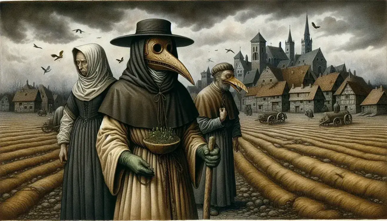 Scena medievale con dottore della peste e due contadini preoccupati, città deserta sullo sfondo, cielo grigio e atmosfera cupa.