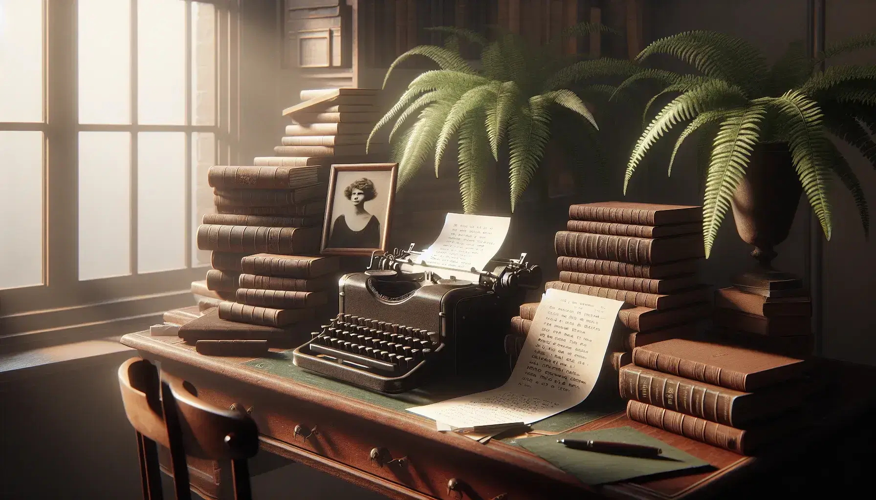 Vintage desk with typewriter, scattered poetry drafts, a black and white portrait, hardcover books, and a potted fern in a sunlit room.
