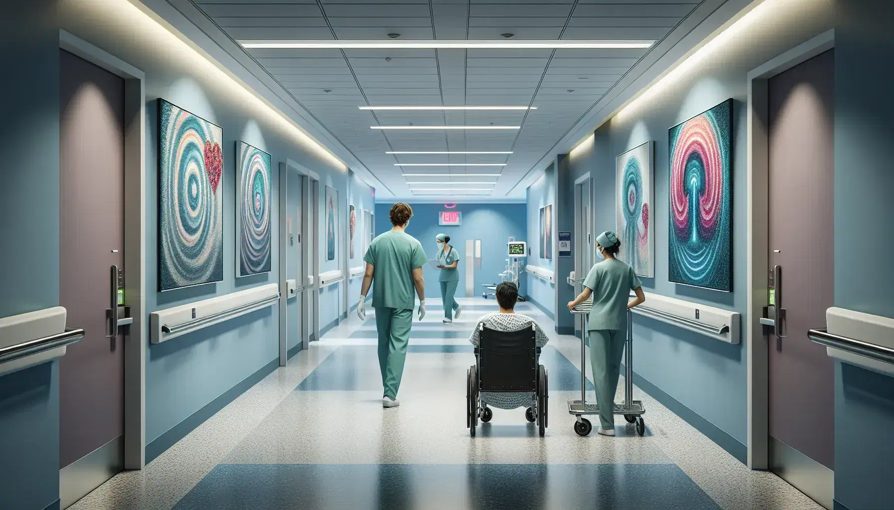 Modern hospital corridor with blue walls, gray terrazzo floor, and bright lighting, featuring art, a nurse with a trolley, a doctor, and a patient in a wheelchair.