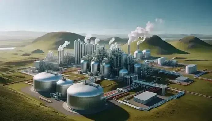 Geothermal power plant with turbines and tanks connected by pipes, steam from wells and cooling tower, on green hills and blue sky.