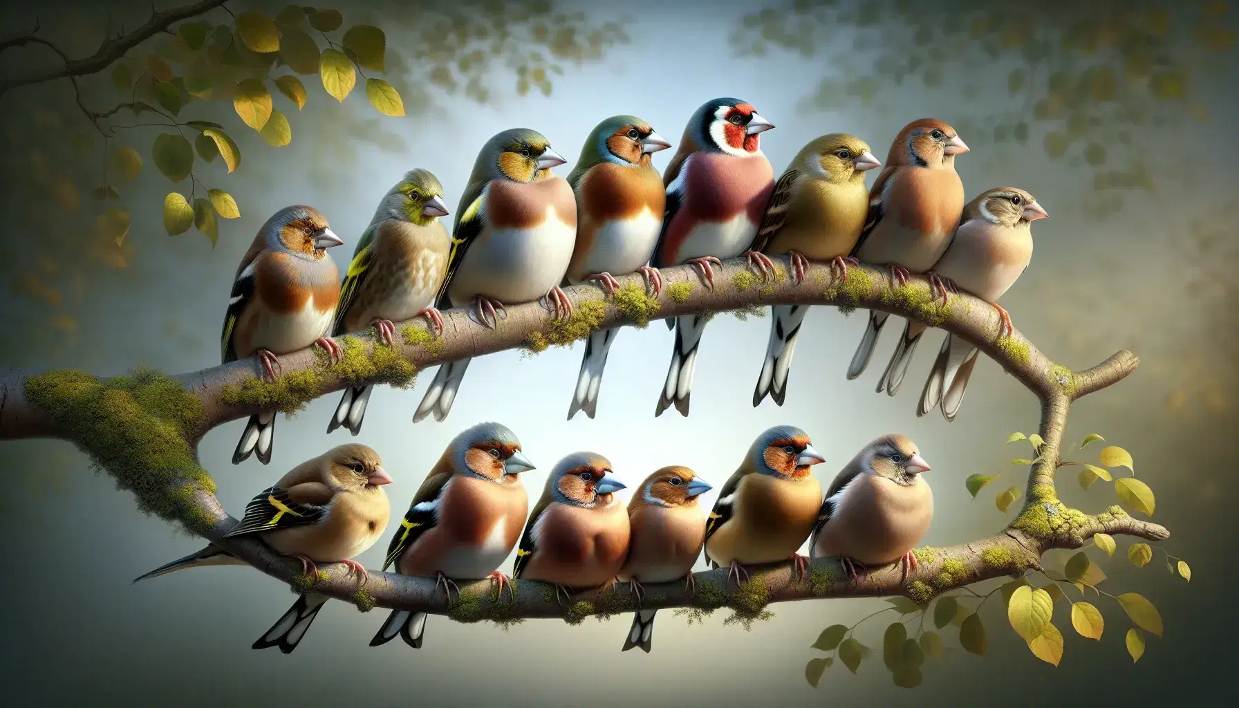 Variety of finch species with diverse beak shapes perched on a mossy branch against a blurred green and blue background, in natural sunlight.